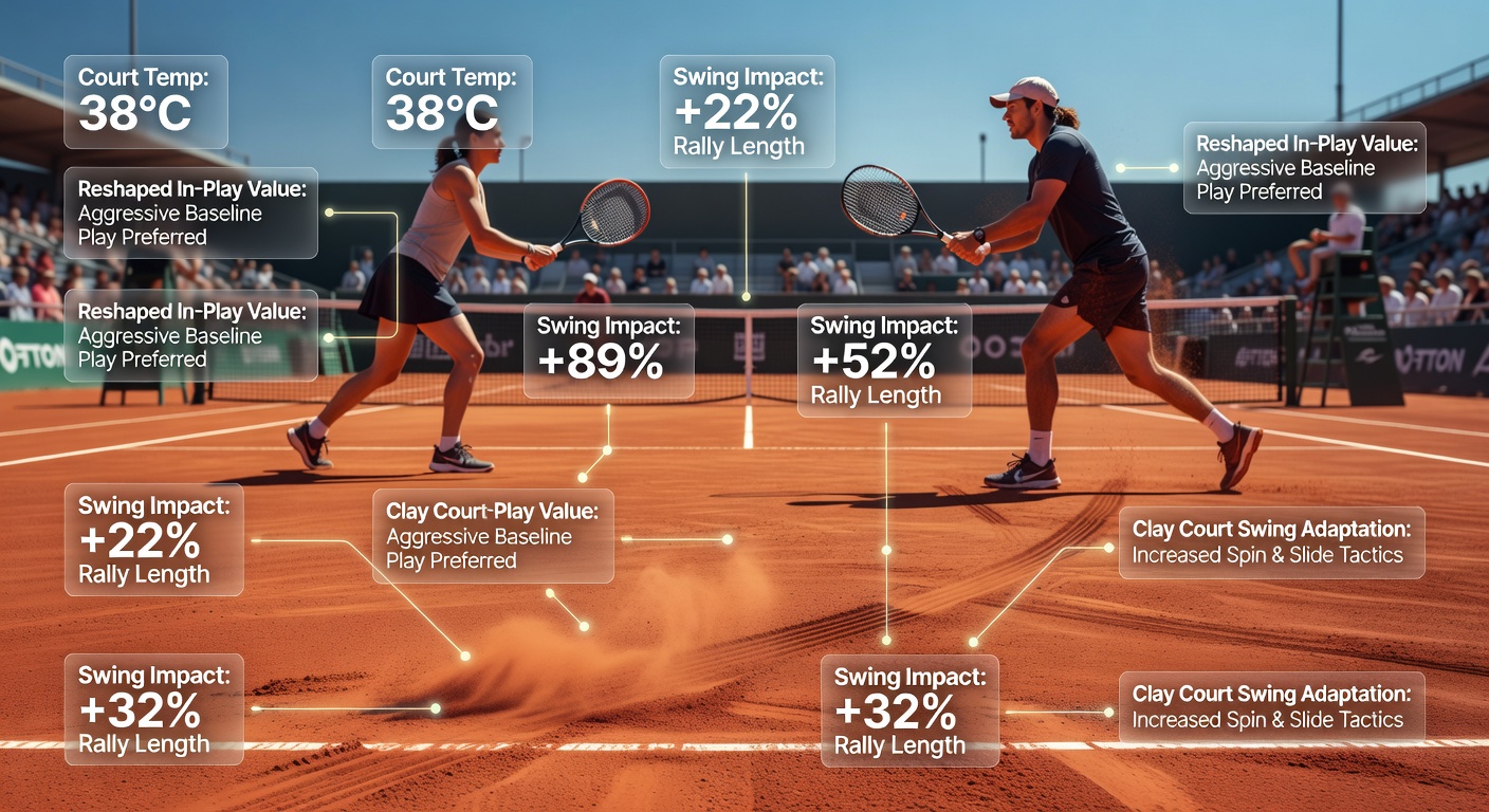 Professional tennis player sliding on a clay court under changing sunlight conditions