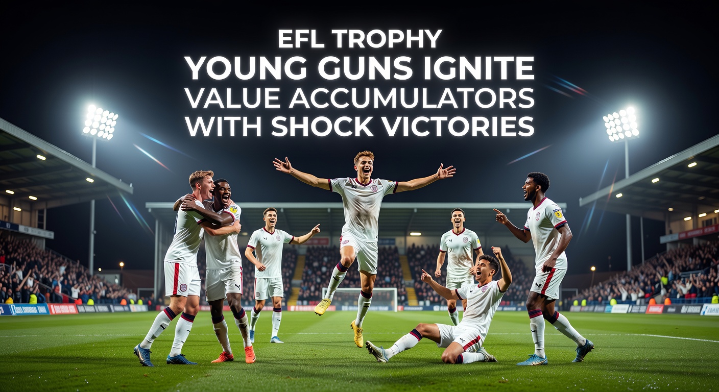 Close-up of an EFL Trophy match action shot, showing a young player scoring amid chaotic celebrations