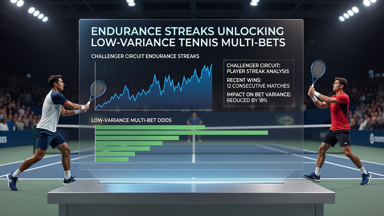 Tennis player competing on outdoor hard court during challenger event with visible stamina indicators