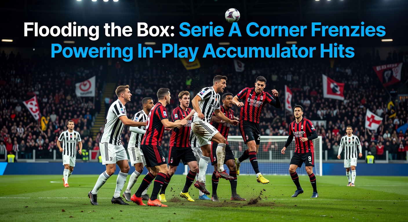 Close-up of a Serie A corner kick setup with the ball swinging in and defenders scrambling