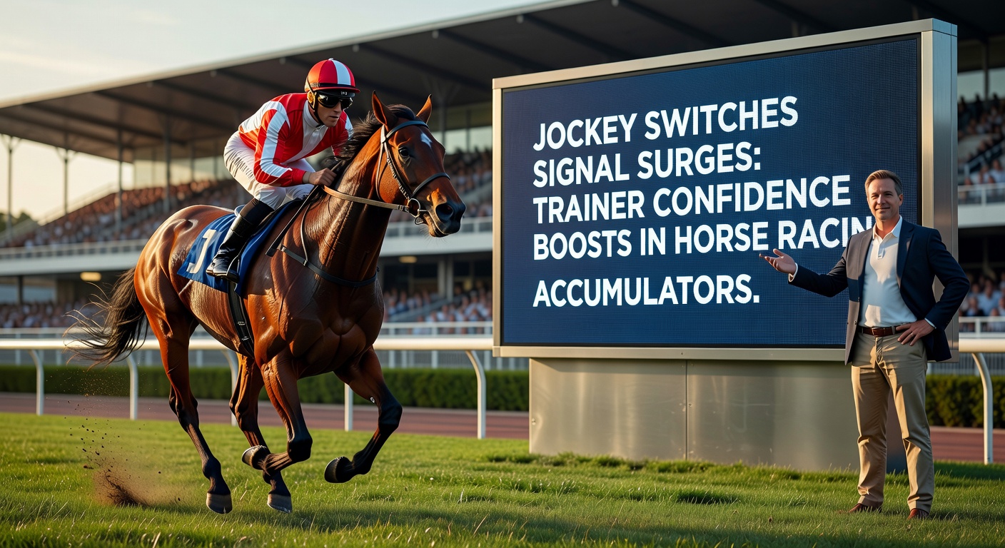 A jockey adjusting gear on a thoroughbred horse in a stable yard, moments before a race, highlighting preparation intensity
