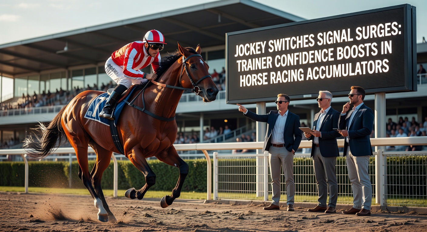 Close-up of a confident trainer discussing tactics with a new jockey beside a sleek racehorse, evoking strategic preparation