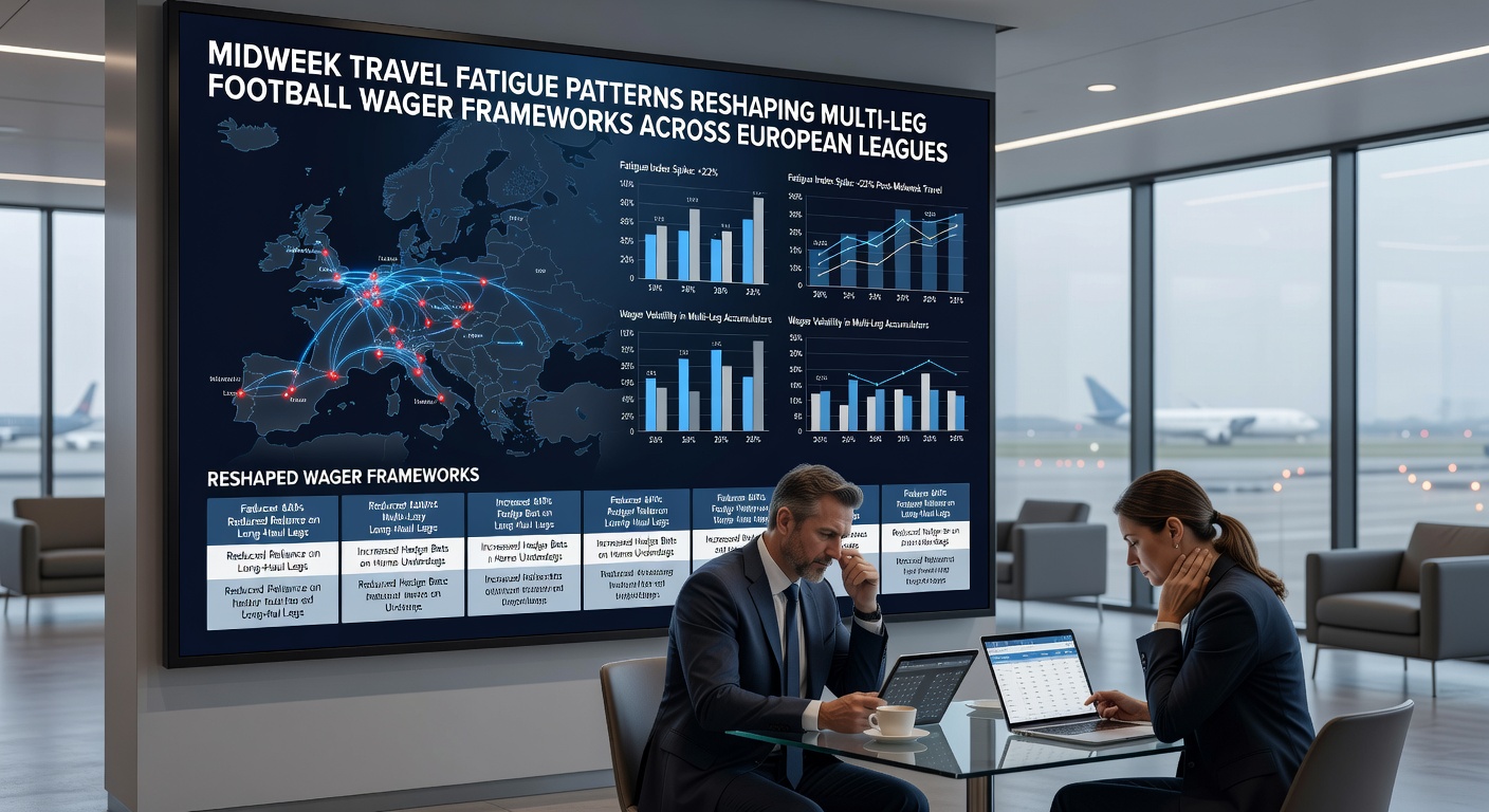 Analytical charts displaying travel fatigue impacts on European football match outcomes and accumulator adjustments