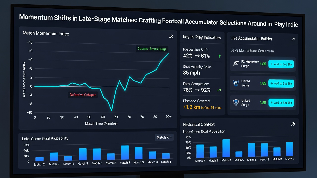 Close-up of betting interface displaying in-play football accumulator selections with momentum indicators highlighted
