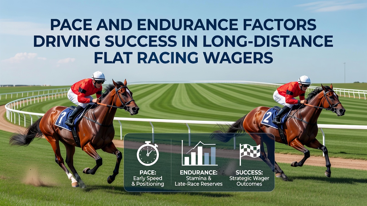 Close-up of thoroughbreds approaching the finish line in an endurance-focused flat race