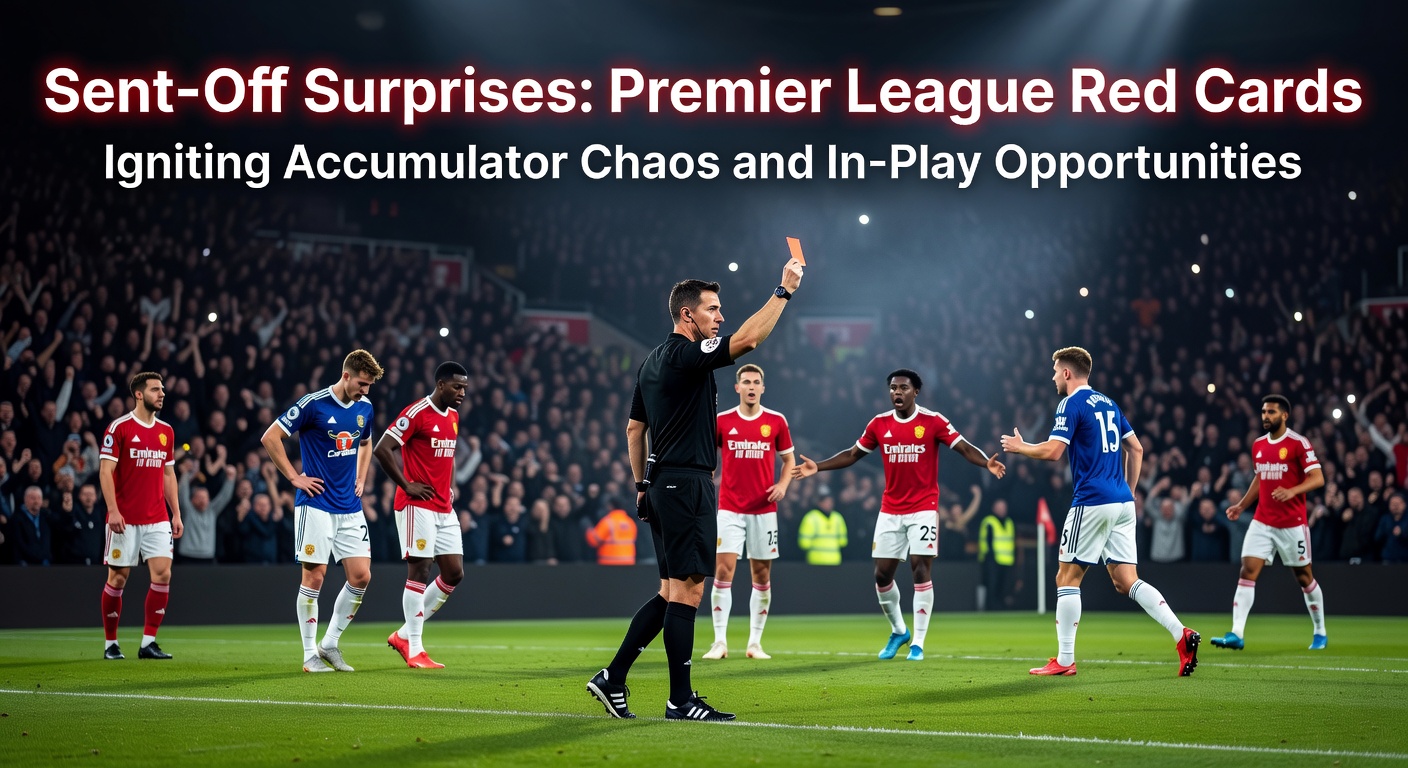 A Premier League player receiving a red card during a tense match, with referees signaling dismissal amid chaotic celebrations from opponents