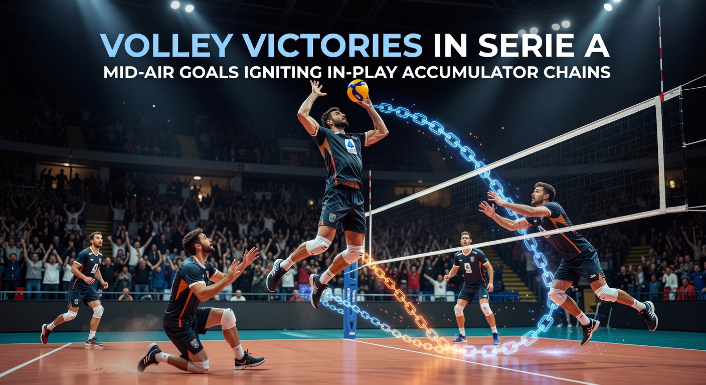 A dramatic mid-air volley goal celebration in a packed Serie A stadium, capturing the ball smashing into the net while players leap in excitement
